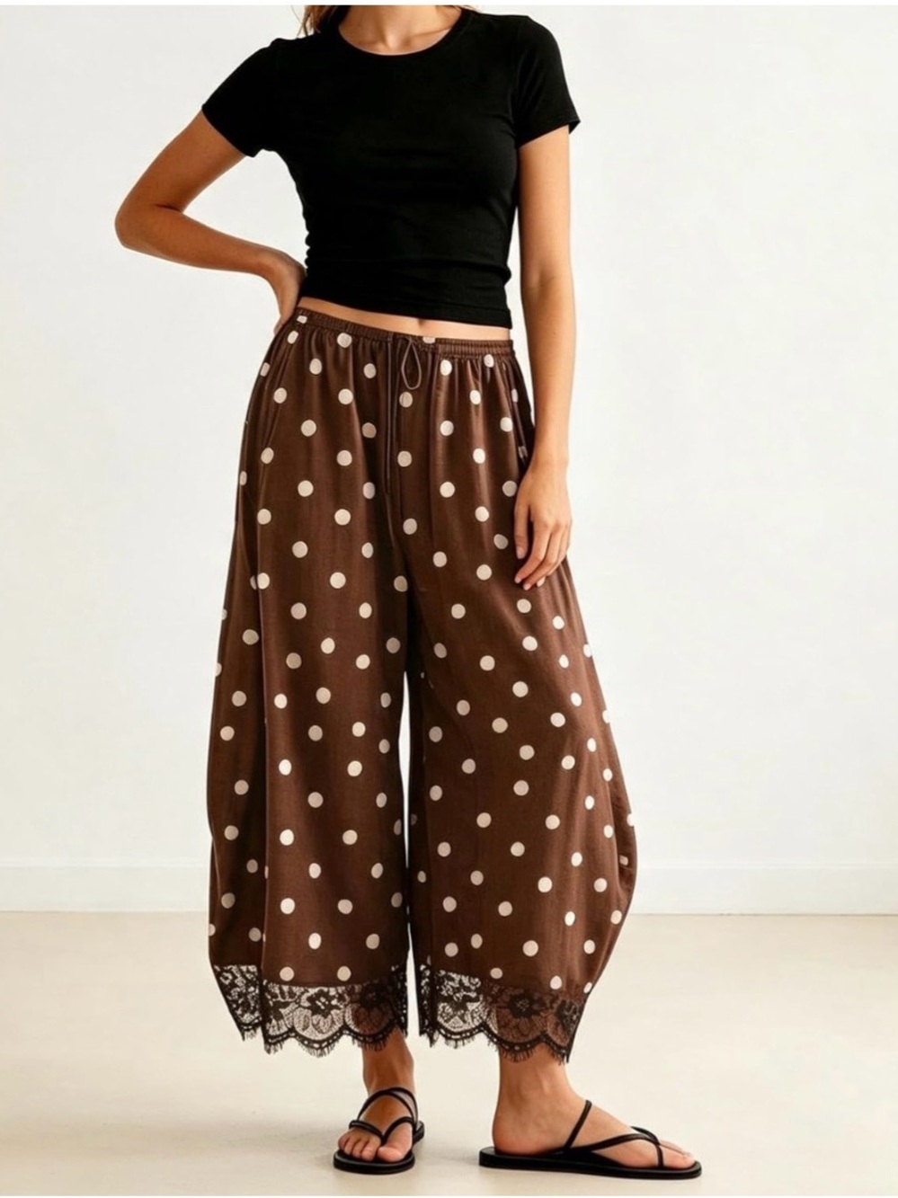 Polka Dot barrel bloomers Lace-Hem Wide Leg Pants - Brown